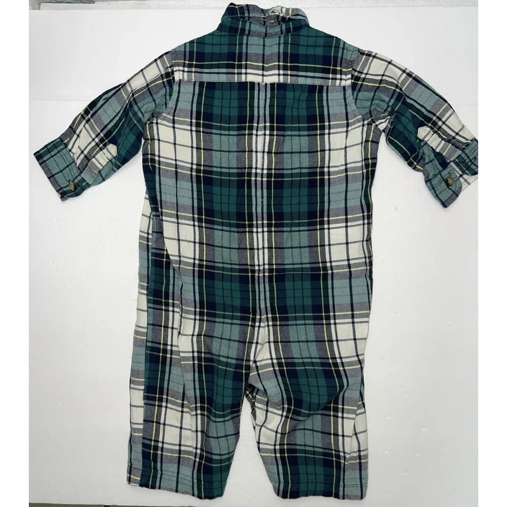 Ralph Lauren Green Navy White Plaid Baby Boys 6-12 Month Button Romper Preppy